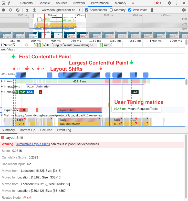 Web Vitals and other timings in Chrome DevTools