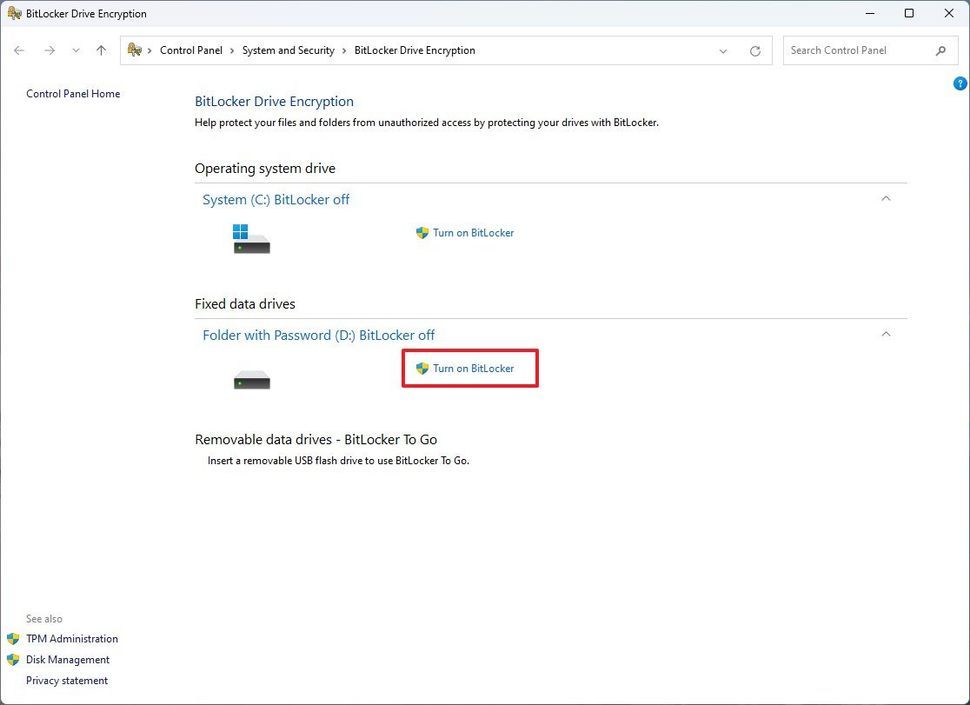 控制面板启用 BitLocker