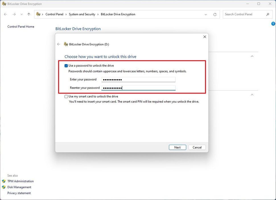 在 BitLocker 上创建密码