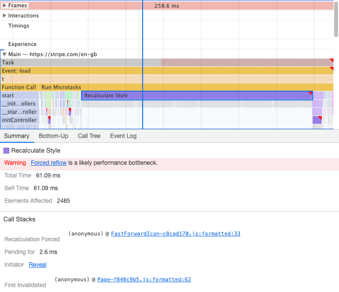 Forced reflow in Chrome DevTools