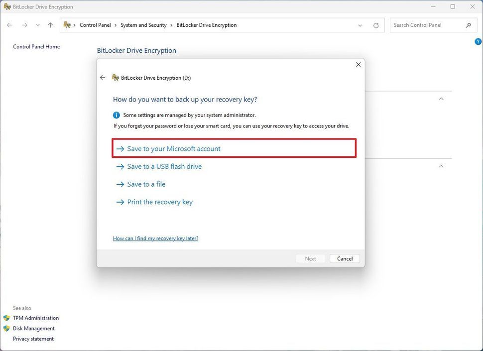 将 BitLocker 保存到 Microsoft 帐户