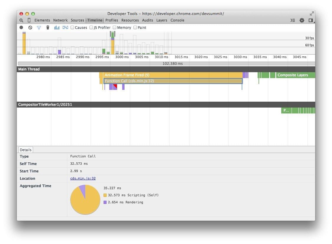 Chrome DevTools 的 Timeline 提供简略的 JS 执行情况。